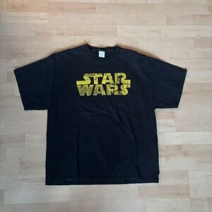 Vintage Star Wars Black Yellow Faded Spellout Graphic Tee Sz XL